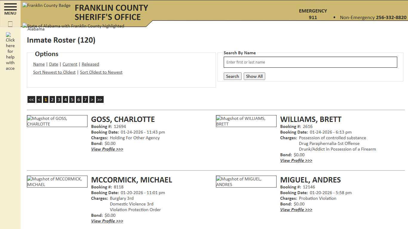 Inmate Roster - Current Inmates Booking Date Descending - Franklin County AL Sheriff's Office